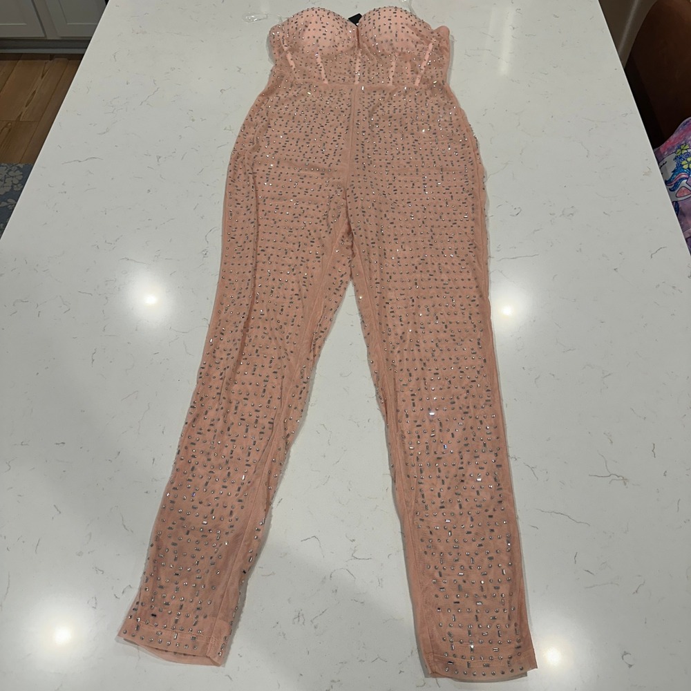 Fashion Nova One Night Only Embellished Jumpsuit Blush Pink Rhinestone Large NEW